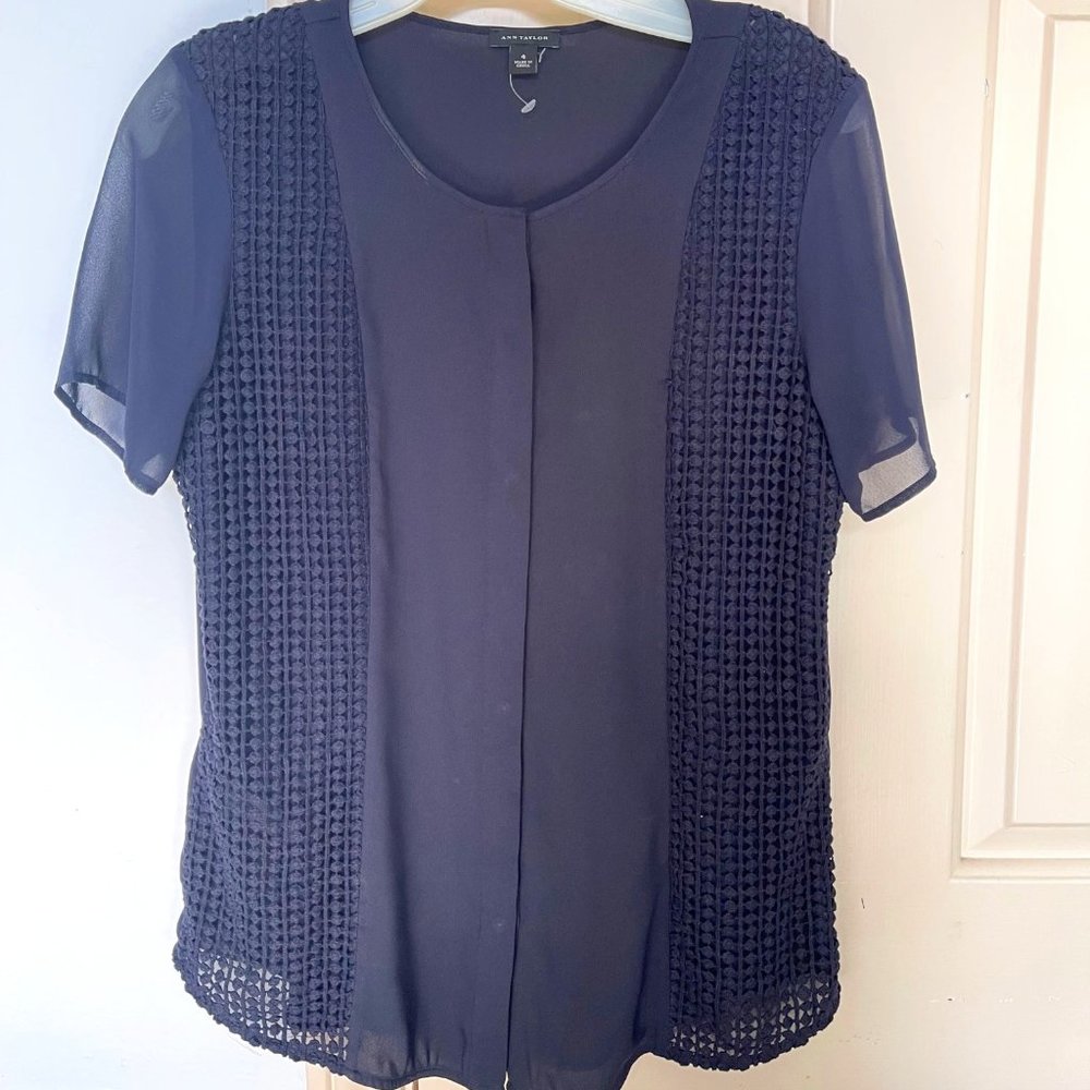 Ann Taylor Navy Blouse with Beautiful Crochet Detail